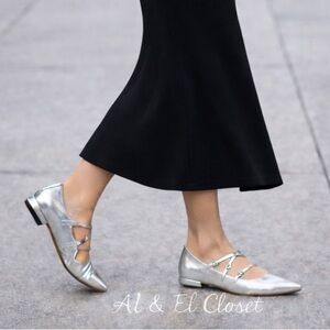 Sam Edelman Cass Silver Leather 3-Strap Pointed Toe Flats Size 6.5 M NWB